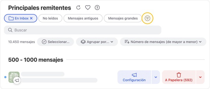 Para controlar la agrupación de mensajes, haga clic en Filtros en Clean Email