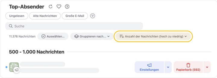 Top Senders Smart Folder sortiert mit den größten Gruppen ganz oben