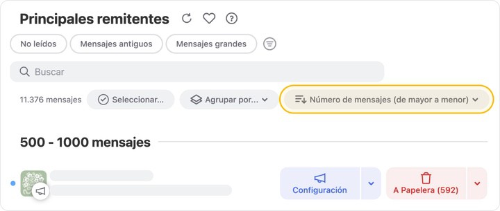 Carpeta inteligente de principales remitentes ordenada con los grupos más grandes en la parte superior