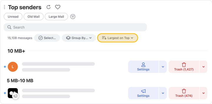 Top Senders Smart Folder sorted with the largest groups at the top