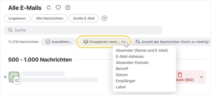 Klicken Sie auf Gruppieren nach und wählen Sie die gewünschte Gruppierungsoption aus