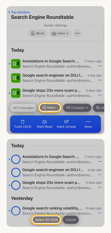 Selecting messages in the preview pane works the same way