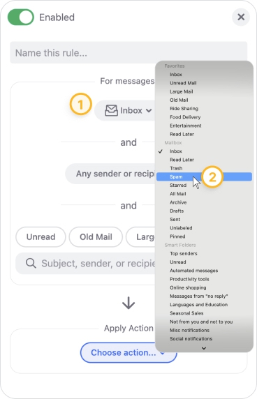 Click the Inbox folder and choose Spam from the drop-down list