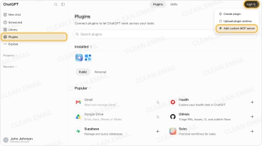 Select Add custom MCP server on the ChatGPT Plugins page