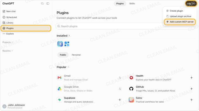 Select Add custom MCP server on the ChatGPT Plugins page