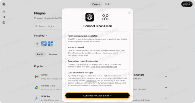 Connect Clean Email dialog in ChatGPT