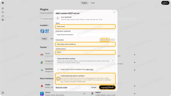 Add custom MCP server window in ChatGPT with Clean Email name, server URL and OAuth
