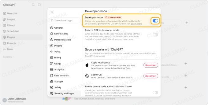 Turn on Developer mode in ChatGPT