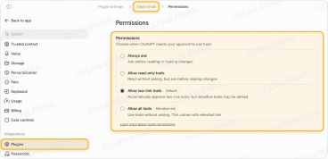 Clean Email plugin permissions in ChatGPT settings