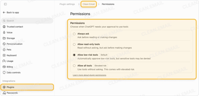 Clean Email plugin permissions in ChatGPT settings