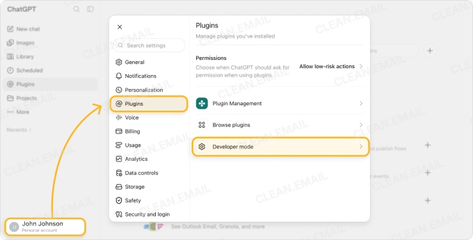 Open Plugins and Developer mode in ChatGPT settings