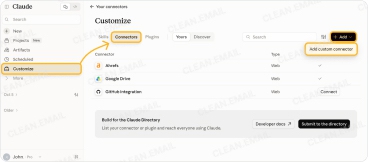 Select Add custom connector on the Connectors tab in Claude