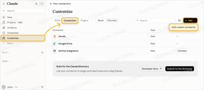 Select Add custom connector on the Connectors tab in Claude