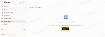 Click Connect to finish connecting Clean Email in Claude