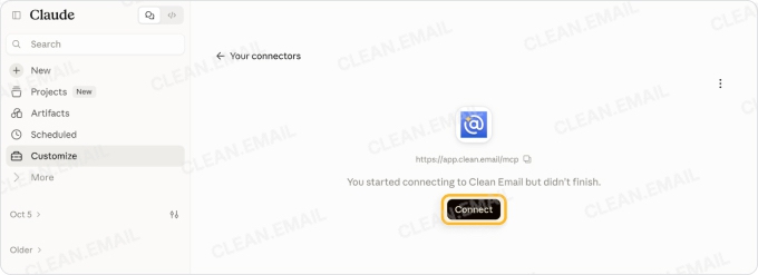 Click Connect to finish connecting Clean Email in Claude