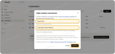 Add custom connector window in Claude with Clean Email name and server URL