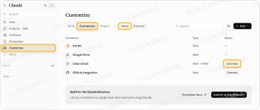 Click Connect next to Clean Email under Customize, Connectors, Yours in Claude