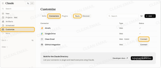 Click Connect next to Clean Email under Customize, Connectors, Yours in Claude