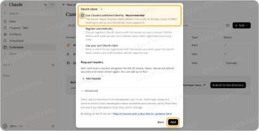 Keep the recommended OAuth client settings and click Add in Claude