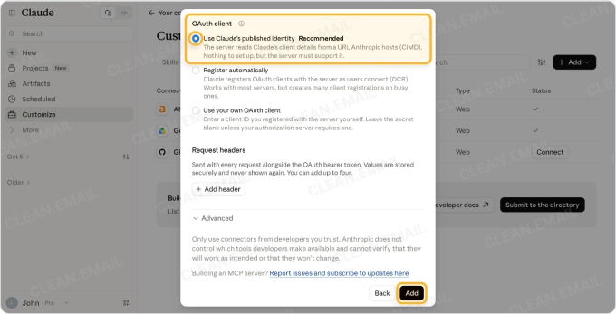 Keep the recommended OAuth client settings and click Add in Claude