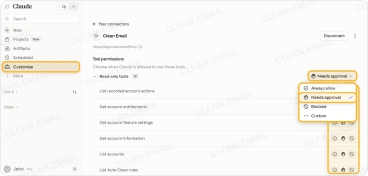 Clean Email tool permissions in Claude connector settings