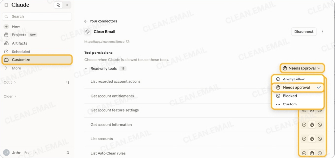 Clean Email tool permissions in Claude connector settings