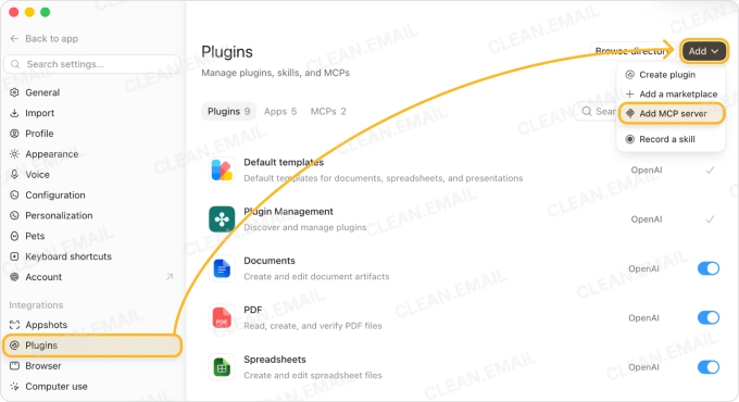 Select Add MCP server on the Plugins page in Codex settings