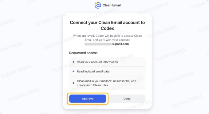 Approve access to connect your Clean Email account to Codex