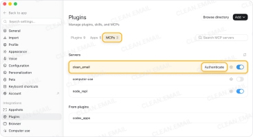 Select Authenticate next to Clean Email in the Codex MCP server list