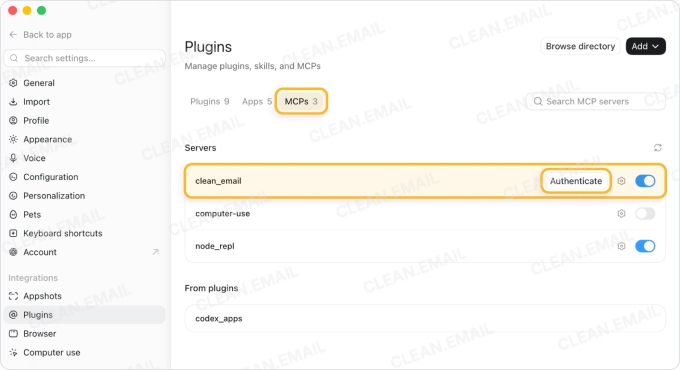 Select Authenticate next to Clean Email in the Codex MCP server list