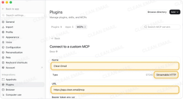 Connect to a custom MCP in Codex with Clean Email name, Streamable HTTP and server URL