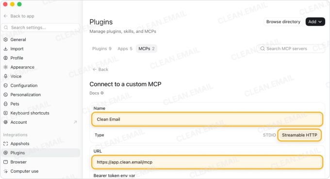 Connect to a custom MCP in Codex with Clean Email name, Streamable HTTP and server URL