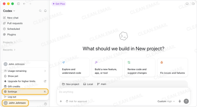 Open Settings from the profile menu in the Codex app