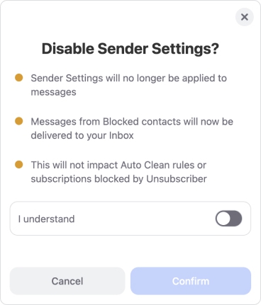 The Disable Sender Settings? dialog