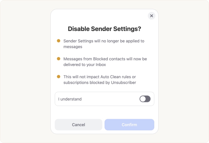 The Disable Sender Settings? dialog