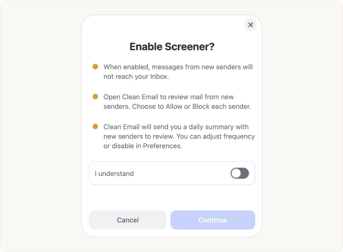 The Enable Screener? confirmation dialog
