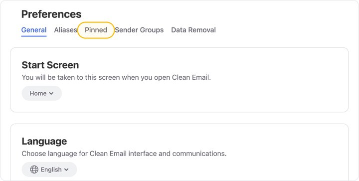 In the Preferences window, click the Pinned tab