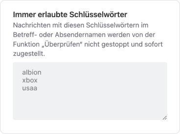 Der Textbereich „Immer zulässige Schlüsselwörter“