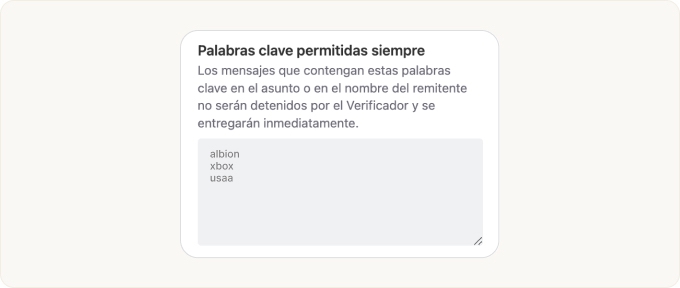 El área de texto para palabras clave siempre permitidas