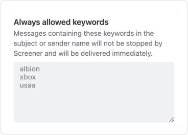 The Always allowed keywords text area