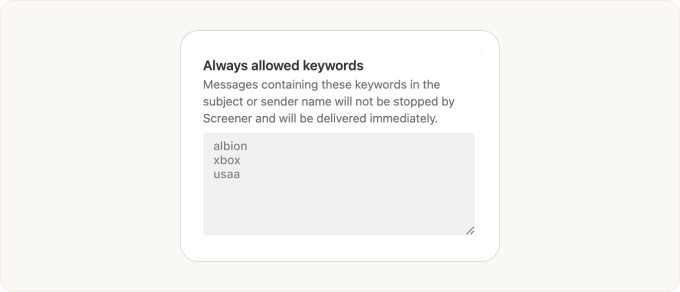 The Always allowed keywords text area