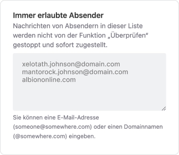 Der Textbereich „Immer zugelassene Absender“