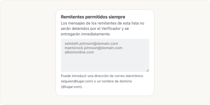 El área de texto de remitentes siempre permitidos