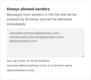 The Always allowed senders text area