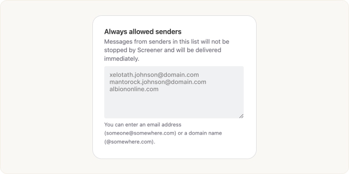The Always allowed senders text area