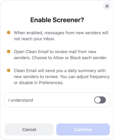 Click the toggle switch labeled I understand to enable it, and then click Continue