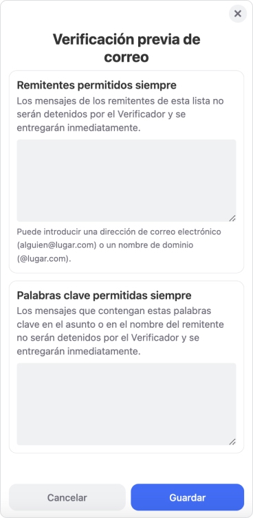 El diálogo de Verificación previa de correo