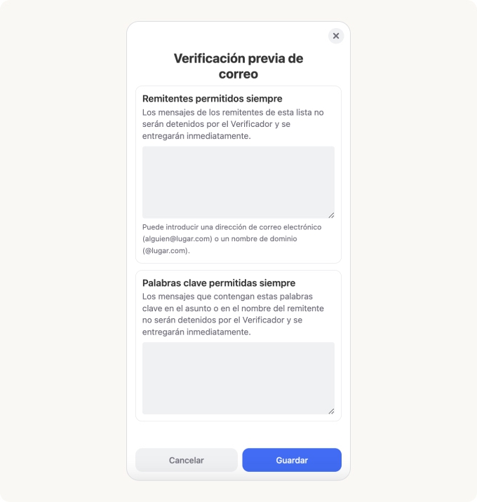 El diálogo de Verificación previa de correo