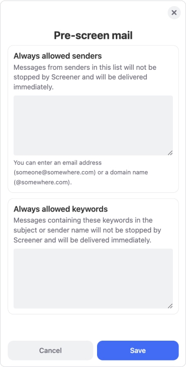 The Pre-screen mail dialog