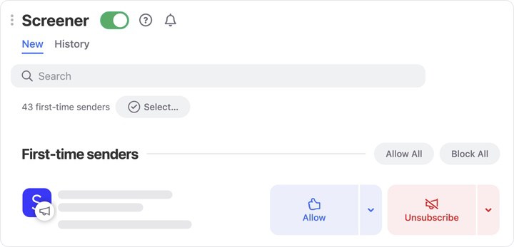 This page lists the senders that are currently quarantined by the Screener